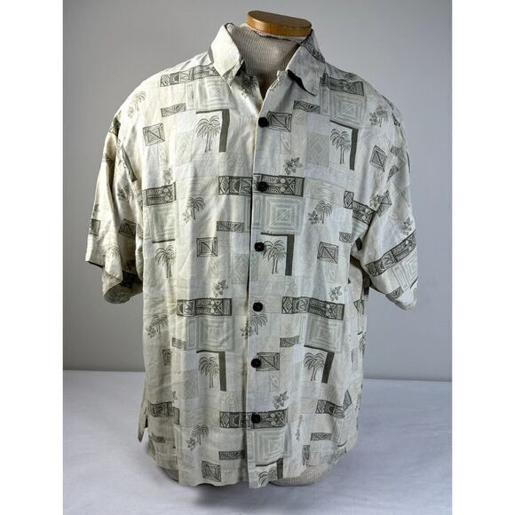 100% Silk Joseph & Feiss Hawaiian Shirt Palm Trees Cream Color - Size XL - Picture 1 of 8